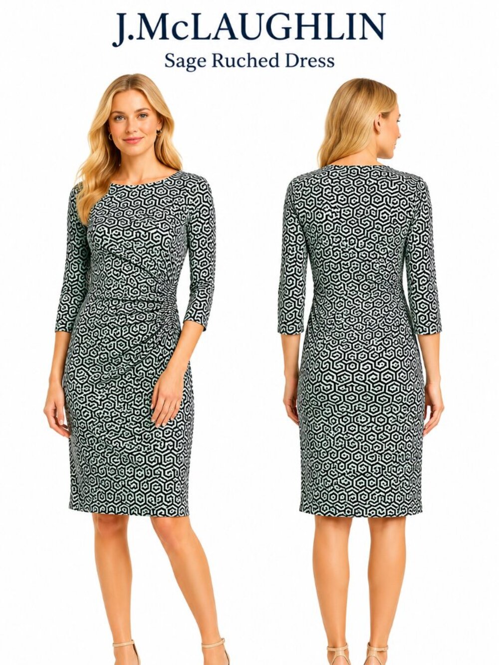 J.McLaughlin Catalina Cloth Ruched Dress Women Small Mint Black Geometric Print
